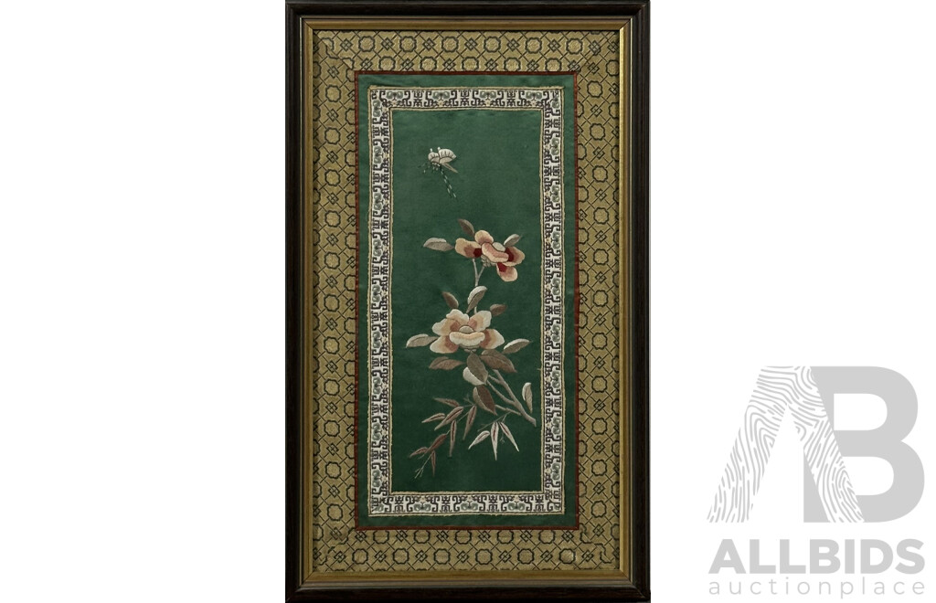 Vintage Silk and Fabric Hand Stitched Chinese Embroidery Floral Panel, Framed 45 X 28 Cm)