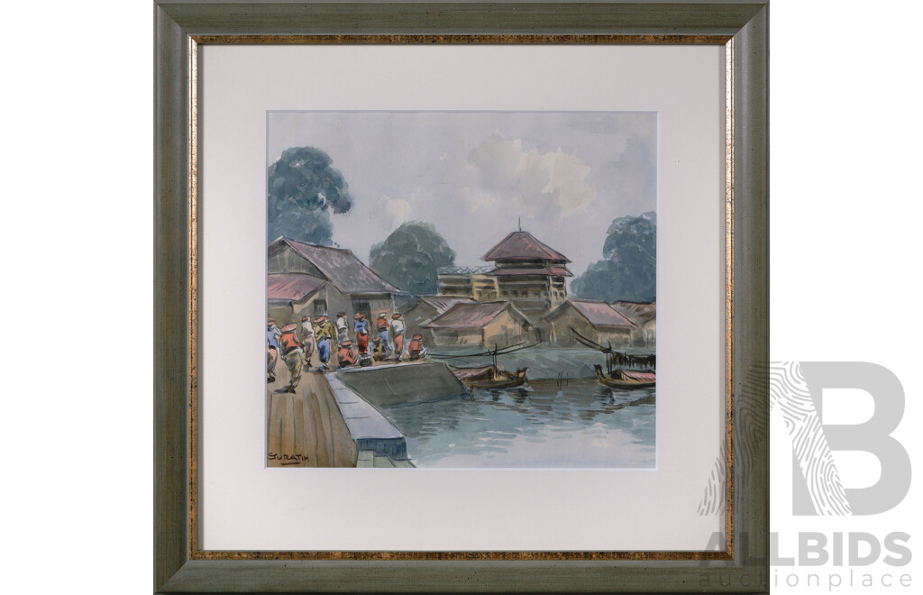 Dedy Suratin, (Mid 20th Century, Indonesian, 1900-1979), Fishing Villagers Gathered at Dock, Watercolour on Paper