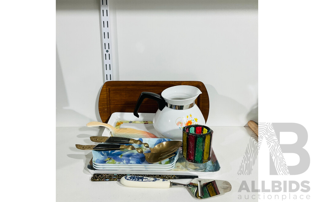 Collection of Retro Homeware Including Decorated Trays, Decorated Jug, Serving Spoon and More