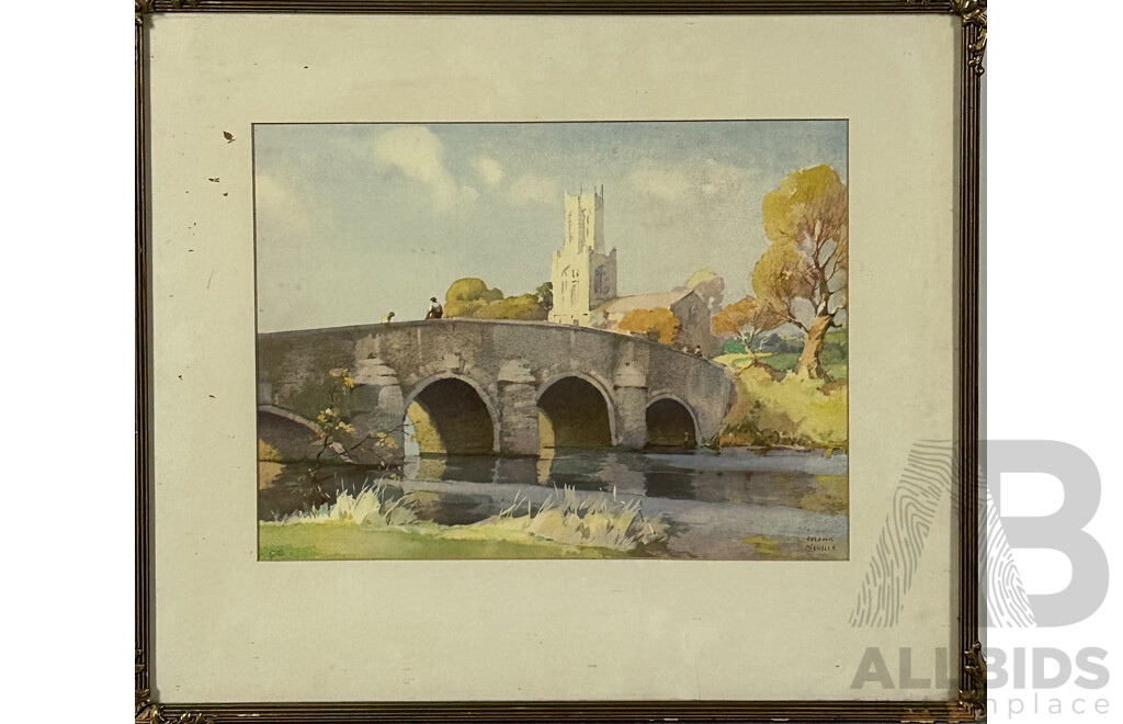 Frank Neville, Bridge and Church in Rural Setting, Reproduction Print of Original Watercolour, 51 X 58 cm (frame)