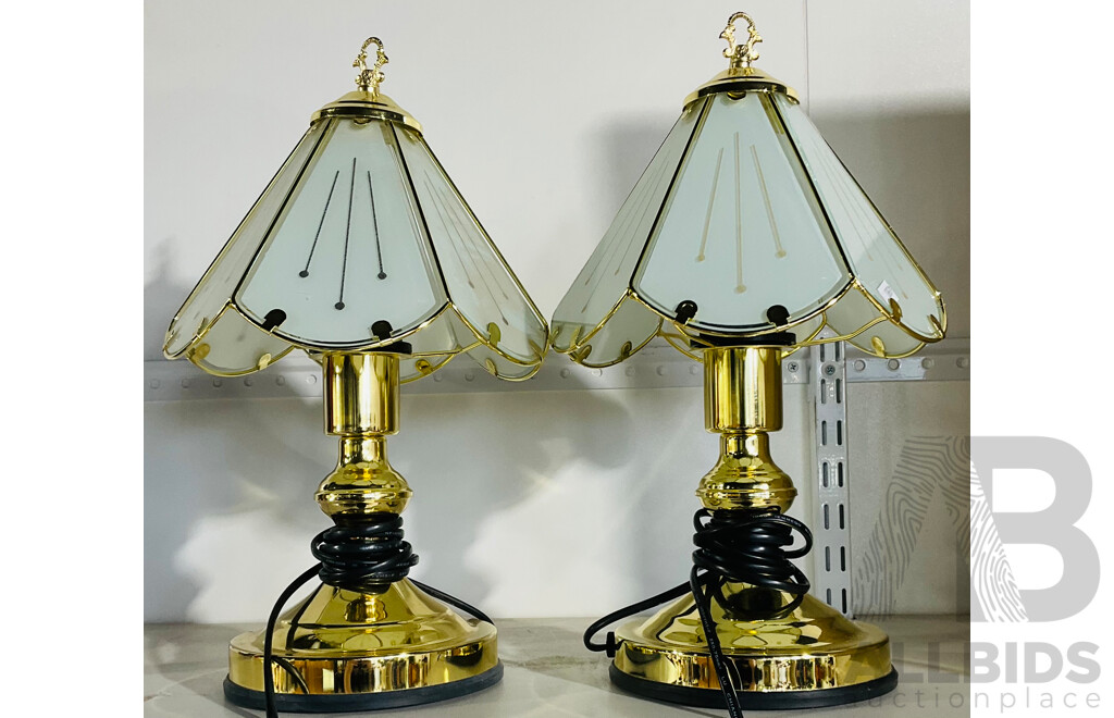 Pair of Vintage Corded Electrical Lamps with Coloured Glass Lampshades