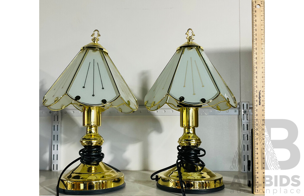 Pair of Vintage Corded Electrical Lamps with Coloured Glass Lampshades