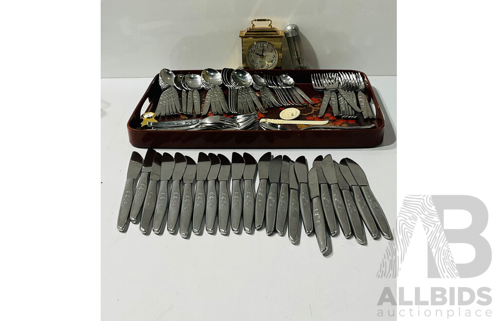 Collection of Cutlery and Other Interesting Homeware Including Small Clock, Carved Letter Opener and More