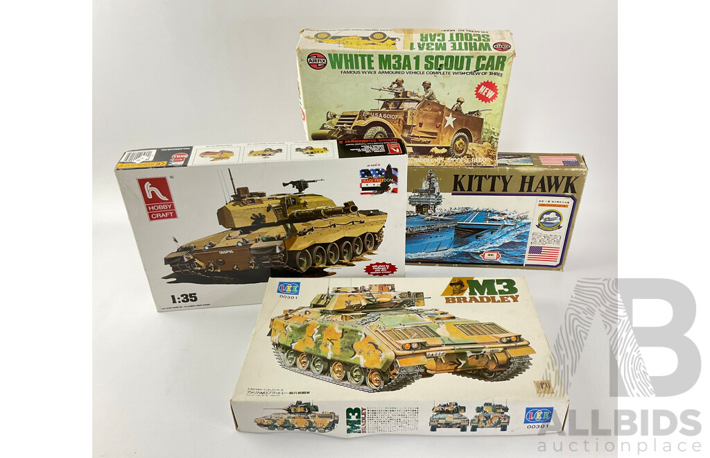 Four Plastic Military Model Kits Including Vintage Airfix Plastic M3A1 Scout Car 1:35 Scale, USS Kitty Hawk 1:800 Scale, LEE M3 Bradley Tank and British Challanger II 1:35 Scale