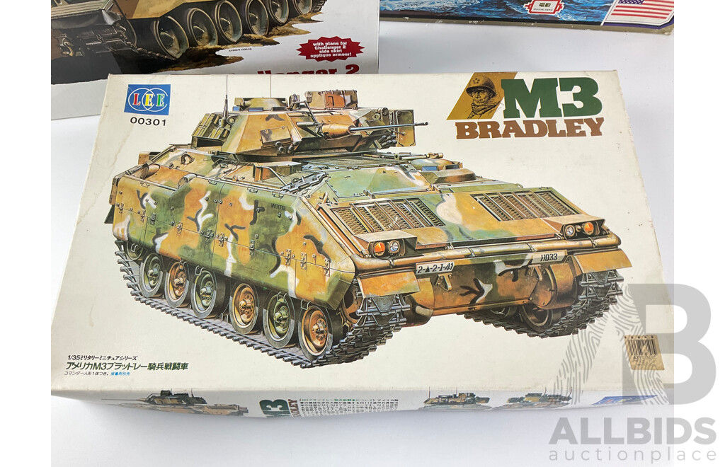 Four Plastic Military Model Kits Including Vintage Airfix Plastic M3A1 Scout Car 1:35 Scale, USS Kitty Hawk 1:800 Scale, LEE M3 Bradley Tank and British Challanger II 1:35 Scale