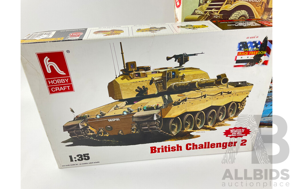 Four Plastic Military Model Kits Including Vintage Airfix Plastic M3A1 Scout Car 1:35 Scale, USS Kitty Hawk 1:800 Scale, LEE M3 Bradley Tank and British Challanger II 1:35 Scale