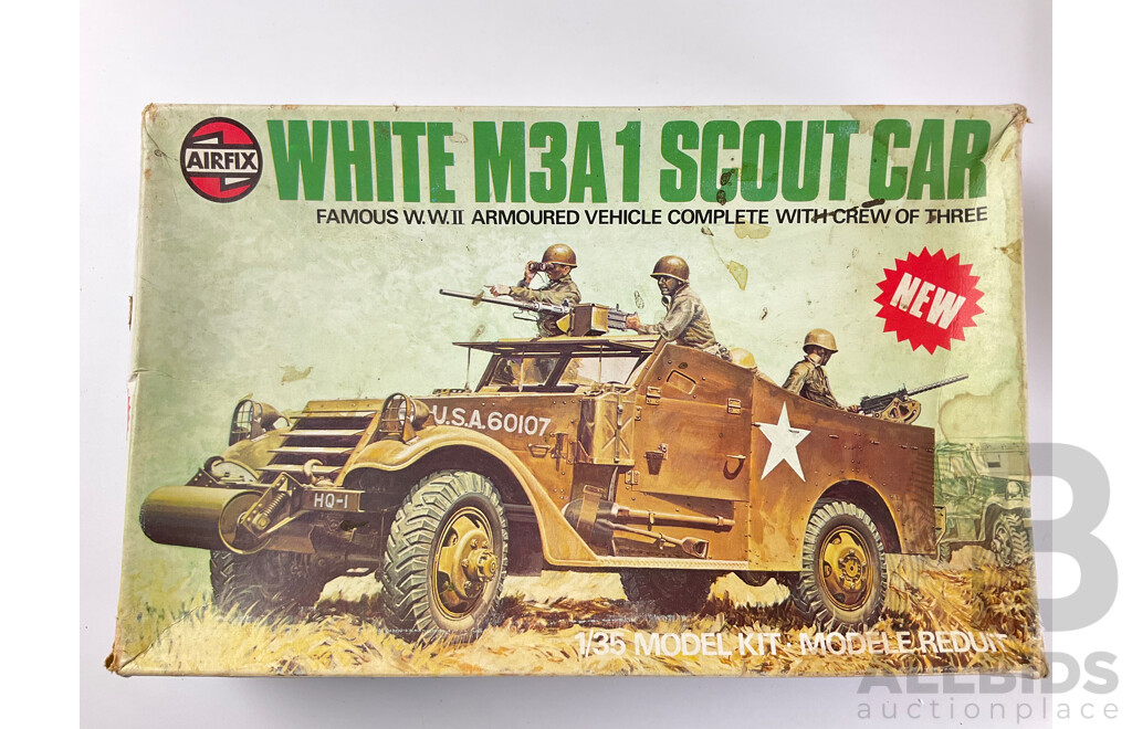 Four Plastic Military Model Kits Including Vintage Airfix Plastic M3A1 Scout Car 1:35 Scale, USS Kitty Hawk 1:800 Scale, LEE M3 Bradley Tank and British Challanger II 1:35 Scale