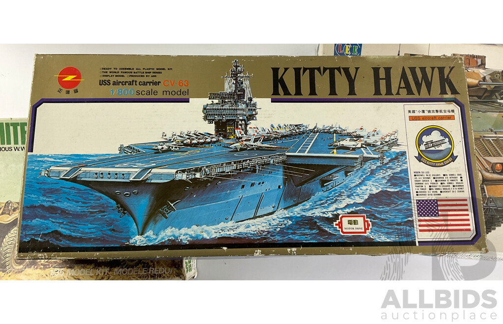 Four Plastic Military Model Kits Including Vintage Airfix Plastic M3A1 Scout Car 1:35 Scale, USS Kitty Hawk 1:800 Scale, LEE M3 Bradley Tank and British Challanger II 1:35 Scale