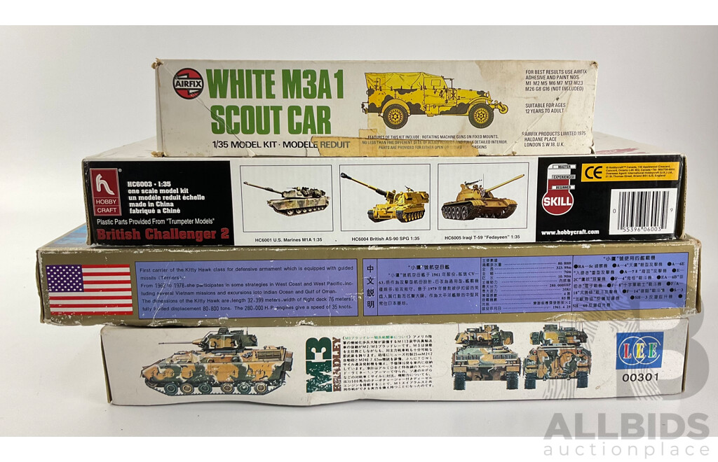 Four Plastic Military Model Kits Including Vintage Airfix Plastic M3A1 Scout Car 1:35 Scale, USS Kitty Hawk 1:800 Scale, LEE M3 Bradley Tank and British Challanger II 1:35 Scale