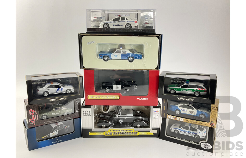 Collection of Diecast International Police Cars Including Corgi, Minichamps, Liberty Classics and More