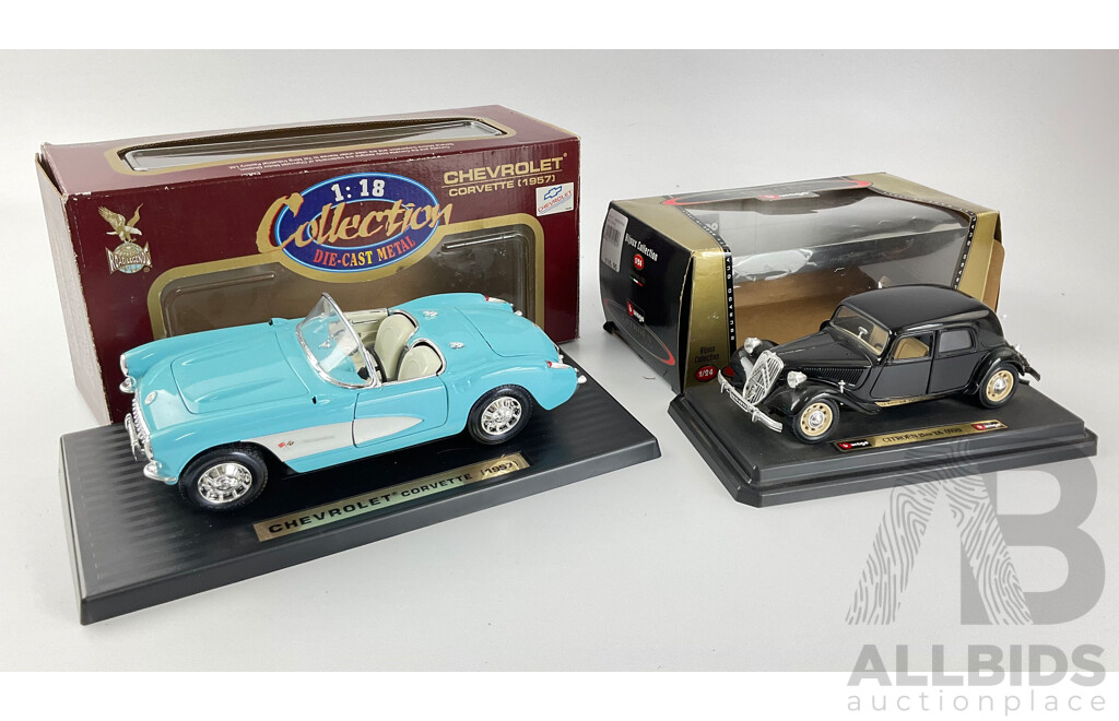 Diecast Burago 1915 Citroen 15 CV TA and Road Legends 1957 Chevrolet Corvette