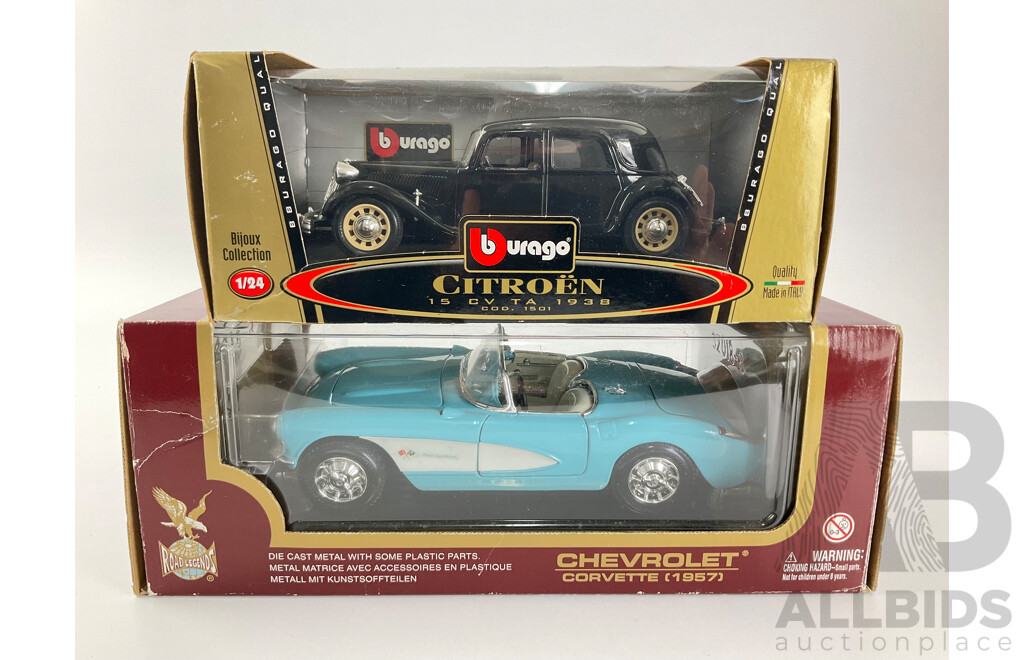 Diecast Burago 1915 Citroen 15 CV TA and Road Legends 1957 Chevrolet Corvette