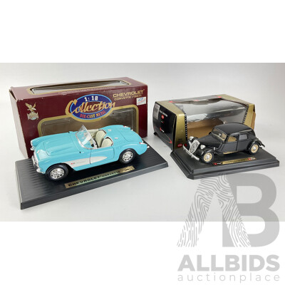 Diecast Burago 1915 Citroen 15 CV TA and Road Legends 1957 Chevrolet Corvette