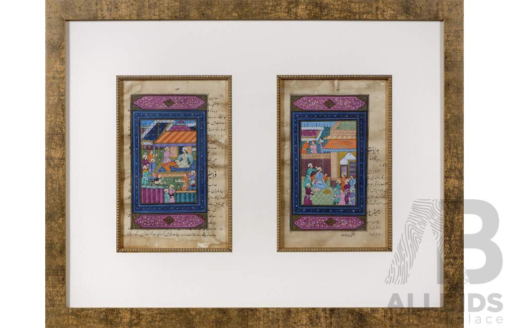 Collection of Two Framed Antique Indo-Persian Miniatures, Individual Muraqqa Scenes, Man Bowing at Knees of Another and Men Gathered, Gouache, Ink and Gold Leaf with Arabic Inscriptions on Paper(2)