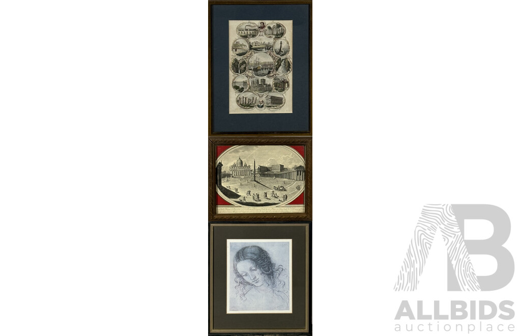 Pair of Antique Prints, Etching and Engraving on Hand Laid Paper, St Peter's Rome and British Landmarks, Alongside Leonardo Da Vinci, Head of Leda, Reproduction Copy of Original (C1505-08 in Black Chalk, Pen and Ink) (3)