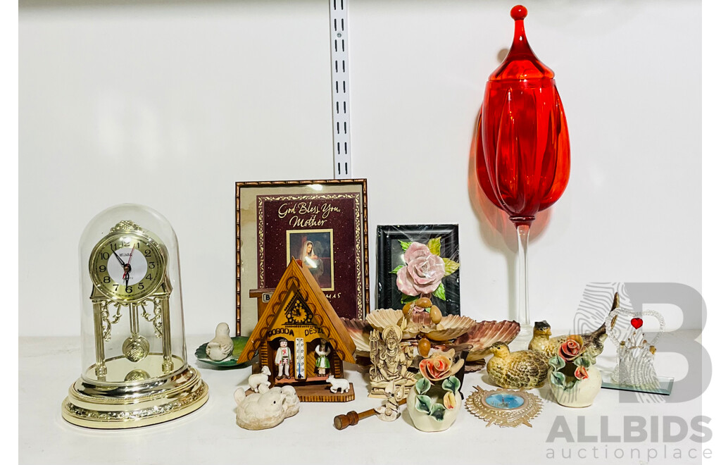 Collection of Unique Decorative Homeware Including Display Constructed From Shells, Large Glass Stemmed Container, a Variety of Bird Statuettes and More