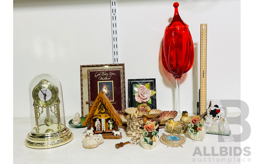 Collection of Unique Decorative Homeware Including Display Constructed From Shells, Large Glass Stemmed Container, a Variety of Bird Statuettes and More