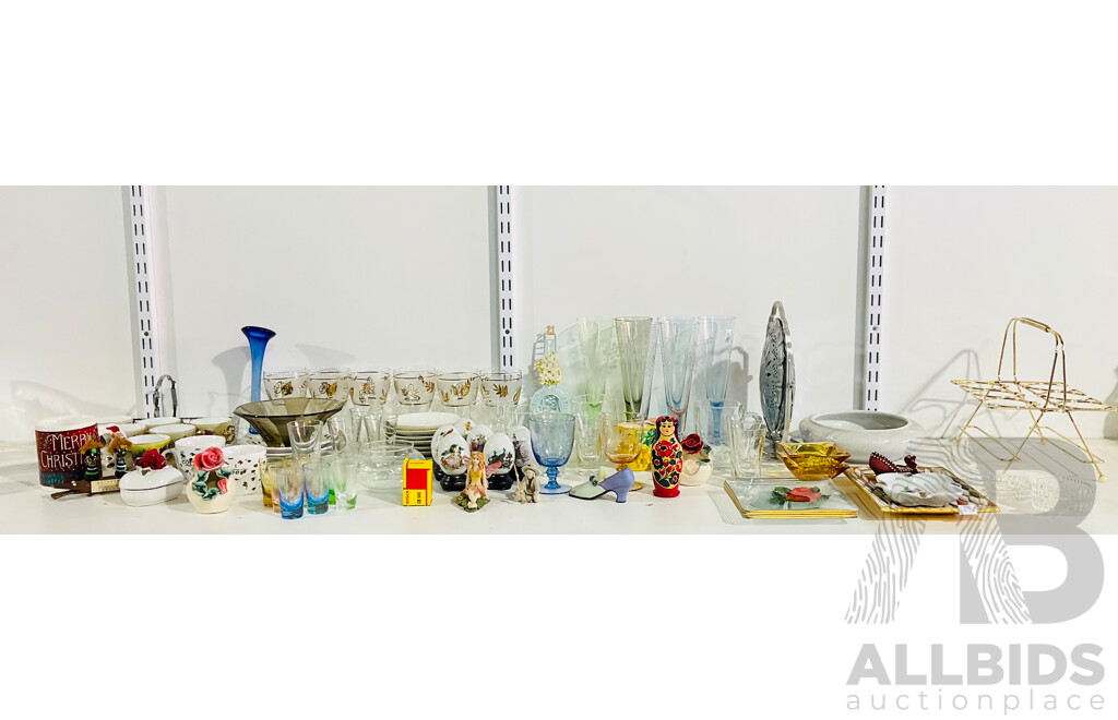 Large Collection of Ceramic and Glass Table and Stemware Including a Set of Harlequin Flute Glasses and Shot Glasses, Floral Themed Teacups and Saucers and Much More