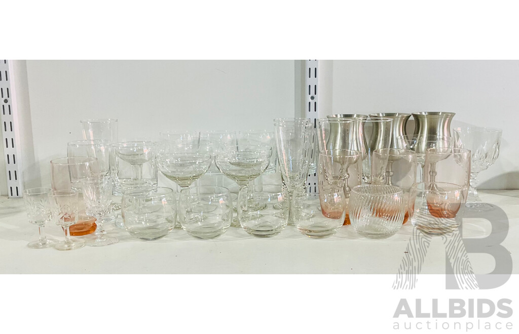 Collection of Vintage Glass and Stemware Including Three Pewter Goblets From Selangor