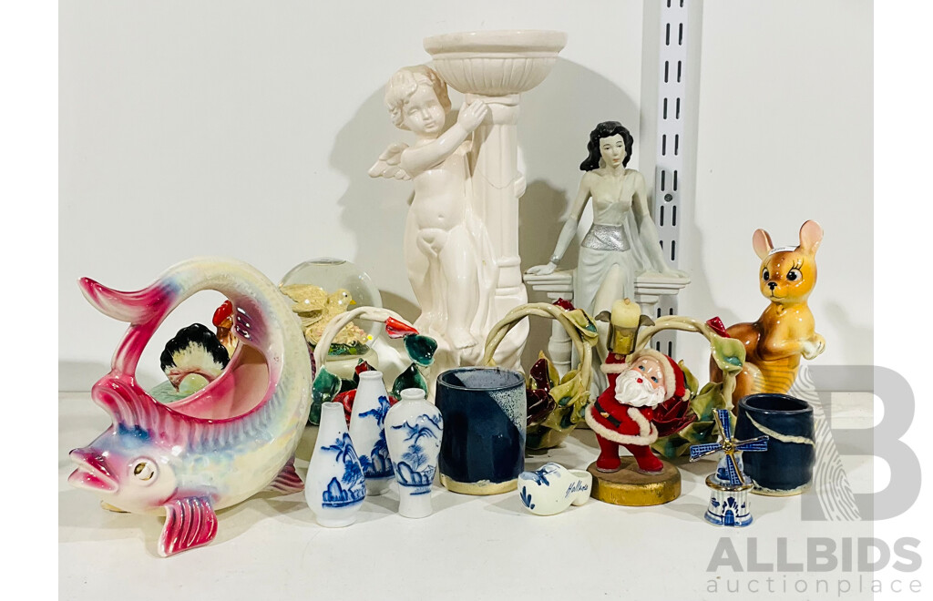 Collection of Vintage Porcelain Figures Including Snowglobe, Classical Style Cherub, Rose Baskets and More