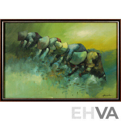 Cesar Buenaventura, (20th Century, Philippines, 1922-1983), Workers in the Ricefield, Oil on Canvas, 65.5 x 95.5 cm