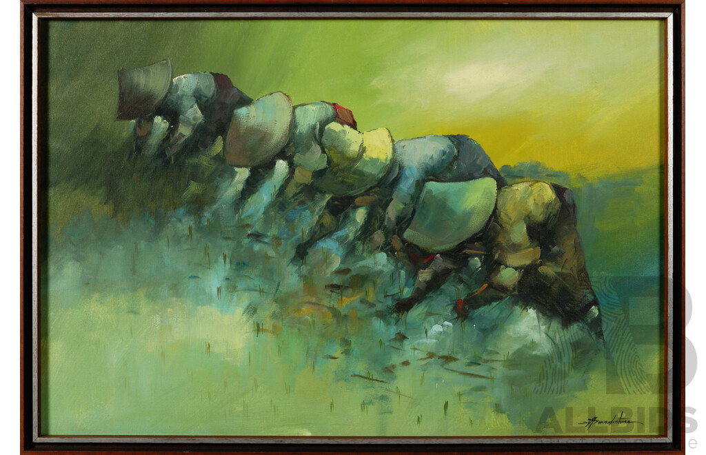 Cesar Buenaventura, (20th Century, Philippines, 1922-1983), Workers in the Ricefield, Oil on Canvas, 65.5 x 95.5 cm