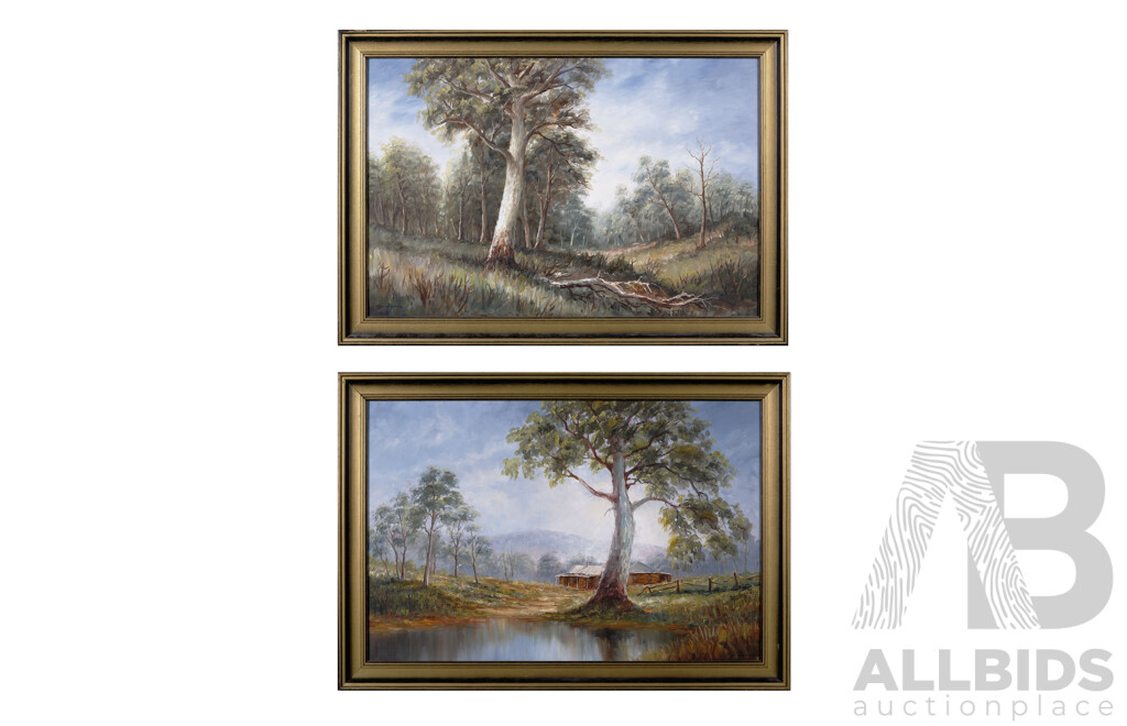 Olga Irwin, (20th Century, Australian, Date Unknown), Pair of Beautiful Landscapes - Bush Homestead and  Gum Tree Garden, Both Vintage Oil on Masonite, 60 X 85 Cm (frames) (2)