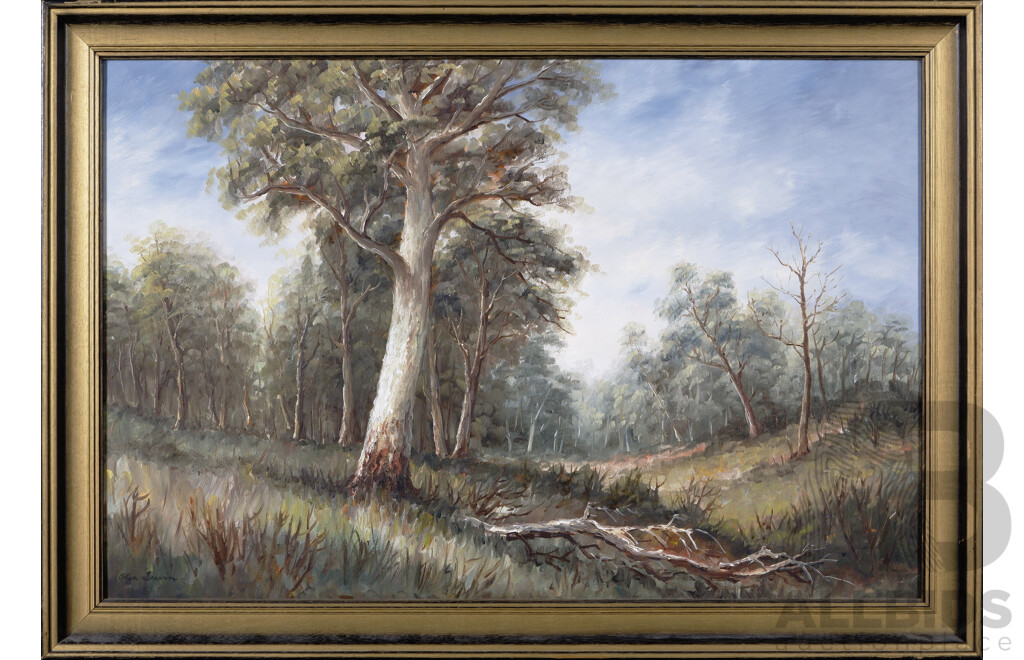 Olga Irwin, (20th Century, Australian, Date Unknown), Pair of Beautiful Landscapes - Bush Homestead and  Gum Tree Garden, Both Vintage Oil on Masonite, 60 X 85 Cm (frames) (2)