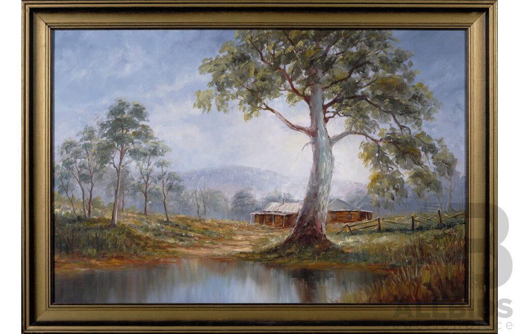 Olga Irwin, (20th Century, Australian, Date Unknown), Pair of Beautiful Landscapes - Bush Homestead and  Gum Tree Garden, Both Vintage Oil on Masonite, 60 X 85 Cm (frames) (2)