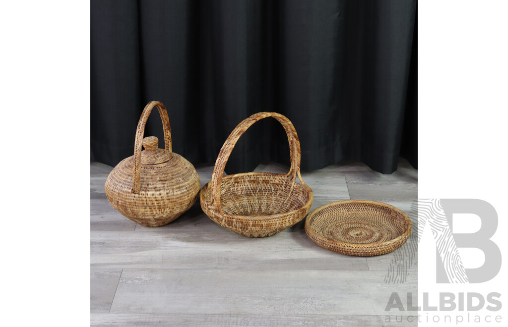 Finely Woven Basket, Lidded Vessel and Platter