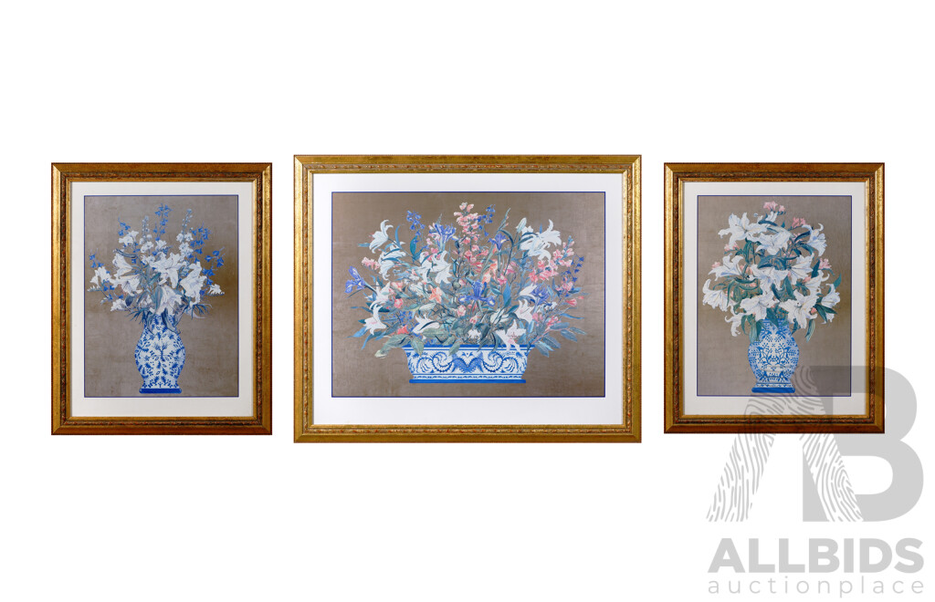 Kay Jackson, (20th Century, American, 1952-), Flowers in Blue & White Vases on Gold, Exquisite Trio of Beautifully Framed Quality Prints of Originals, 86 x 105 cm (largest frame) (3)