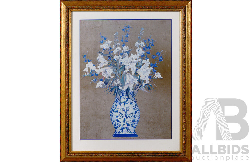 Kay Jackson, (20th Century, American, 1952-), Flowers in Blue & White Vases on Gold, Exquisite Trio of Beautifully Framed Quality Prints of Originals, 86 x 105 cm (largest frame) (3)