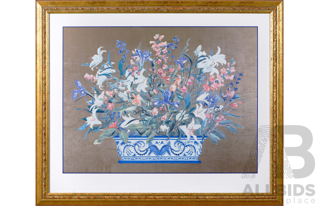 Kay Jackson, (20th Century, American, 1952-), Flowers in Blue & White Vases on Gold, Exquisite Trio of Beautifully Framed Quality Prints of Originals, 86 x 105 cm (largest frame) (3)