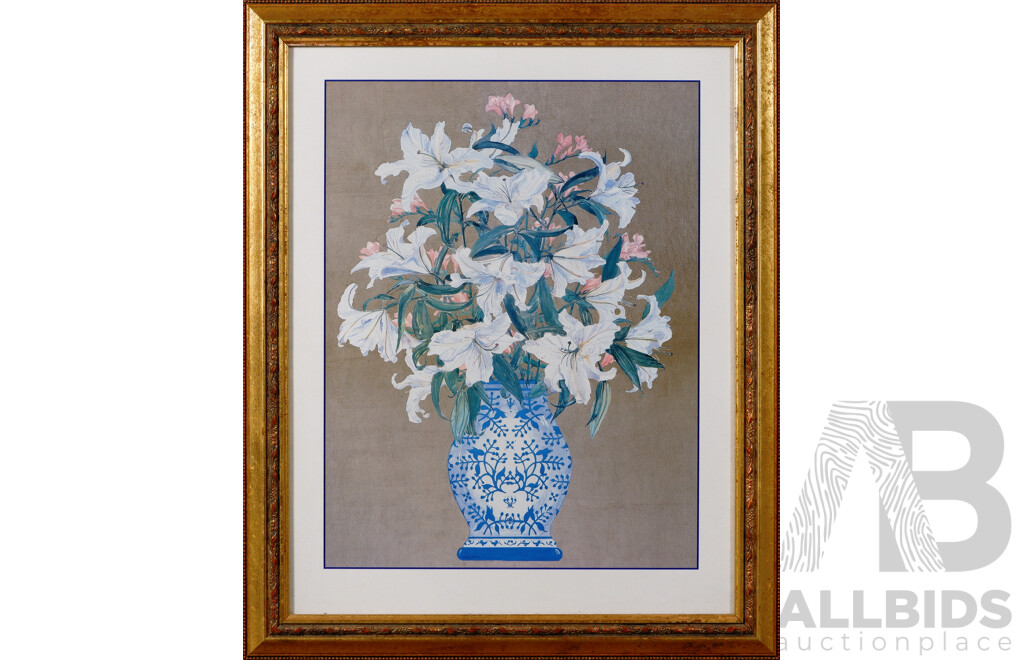 Kay Jackson, (20th Century, American, 1952-), Flowers in Blue & White Vases on Gold, Exquisite Trio of Beautifully Framed Quality Prints of Originals, 86 x 105 cm (largest frame) (3)