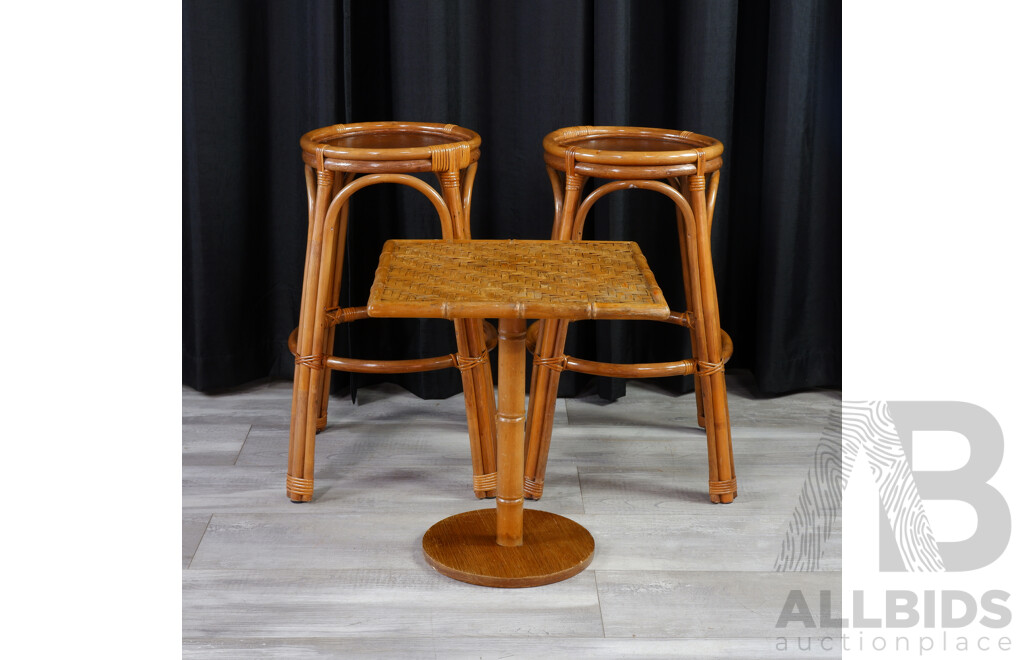 Pair of Cane Barstools with Side Table