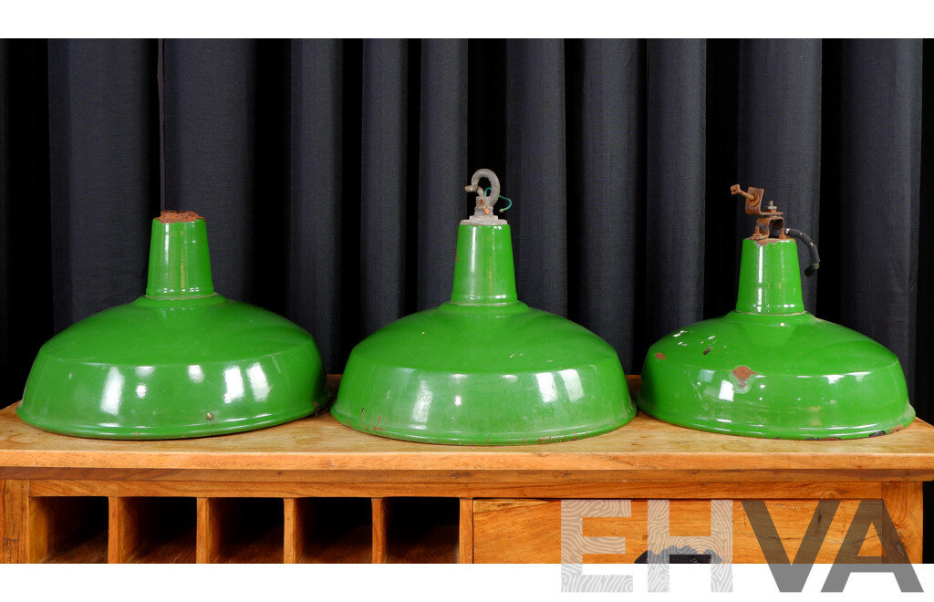 Set of Three Green Enamel Vintage Light Shades