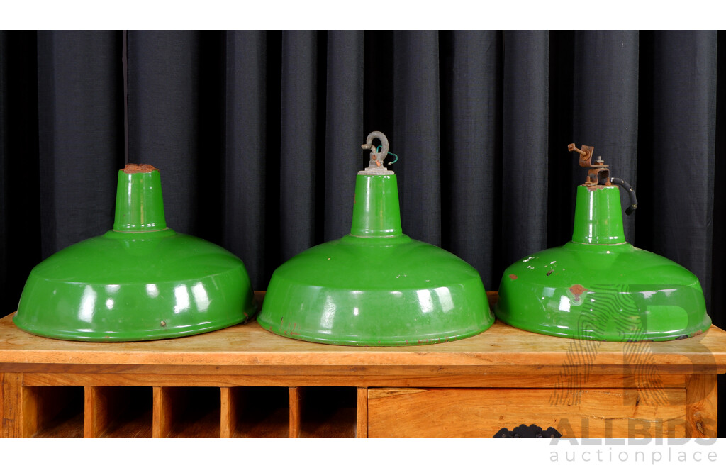 Set of Three Green Enamel Vintage Light Shades