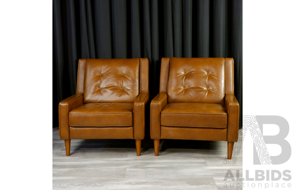 Pair of Brown Leather Lounge Chairs with Buttoned Back