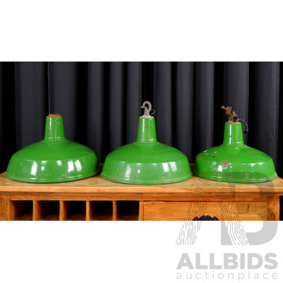 Set of Three Green Enamel Vintage Light Shades