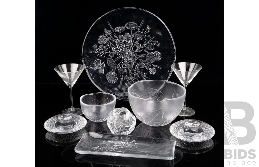 Good Collection Mid Century Glass Including Pair Saucer Form Orrefors Votives, Kosta Boda Snowball Votive, Pair Martini Glasses & Leaf Bowls in Two Sizes and More