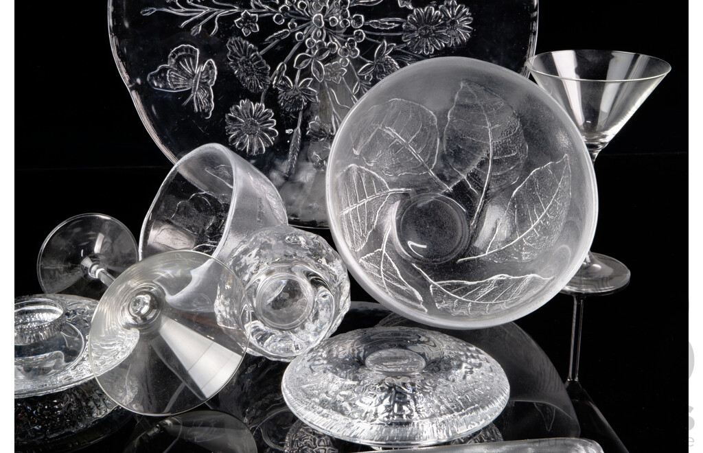 Good Collection Mid Century Glass Including Pair Saucer Form Orrefors Votives, Kosta Boda Snowball Votive, Pair Martini Glasses & Leaf Bowls in Two Sizes and More