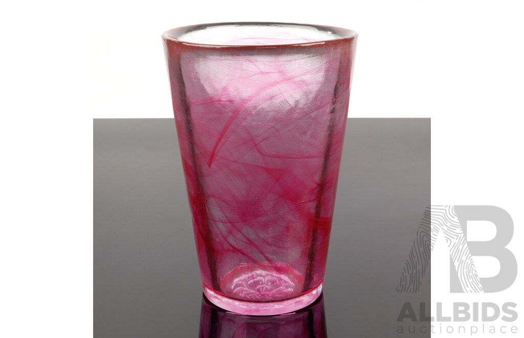 Retro Kosta Boda Heavy Vase with Pink Swirl Detail