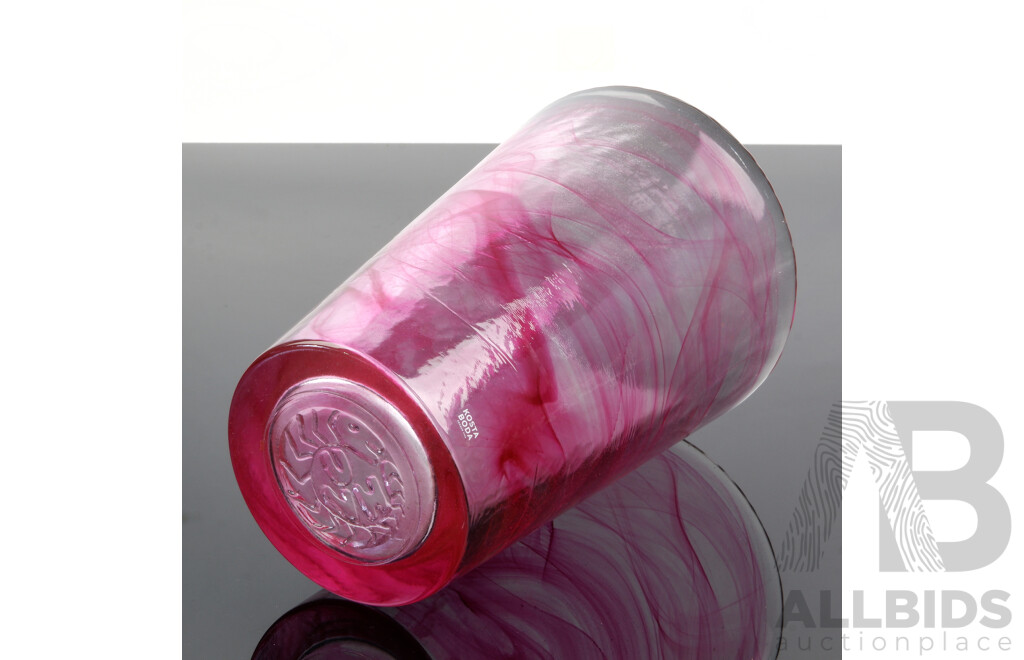 Retro Kosta Boda Heavy Vase with Pink Swirl Detail