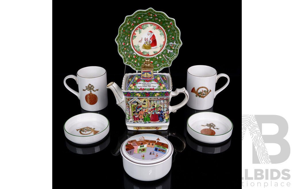 Collection Quality Porcelain Including Pair Royal Doulton Mugs and Underplates, Saddler Christmas Teapot and More