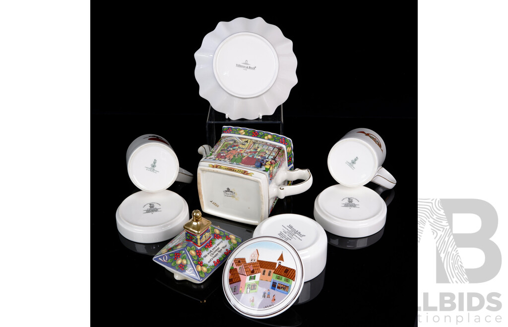 Collection Quality Porcelain Including Pair Royal Doulton Mugs and Underplates, Saddler Christmas Teapot and More