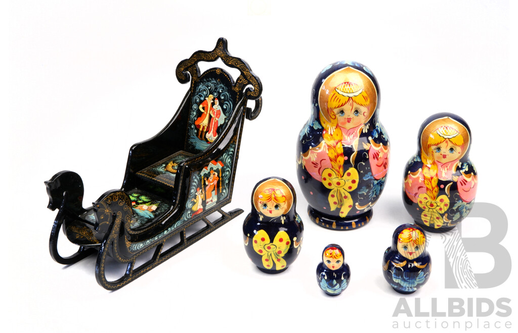 Set Five Nesting Matryoshka Babushka Dolls Along with Hand Decorated Russian Palekh Laquerware Sleigh Form Box