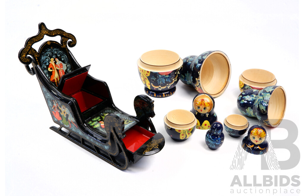 Set Five Nesting Matryoshka Babushka Dolls Along with Hand Decorated Russian Palekh Laquerware Sleigh Form Box