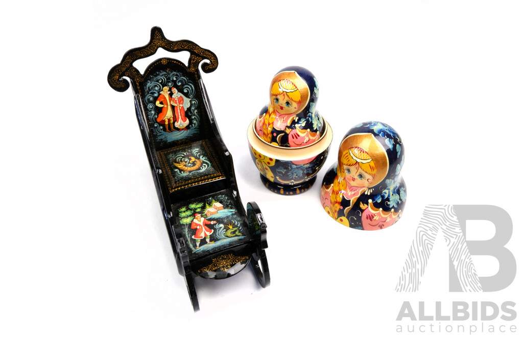 Set Five Nesting Matryoshka Babushka Dolls Along with Hand Decorated Russian Palekh Laquerware Sleigh Form Box