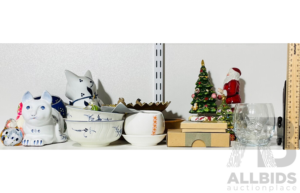 Collection of Interesting Homeware Including Pottery and Glass Christmas Decorations, Handpainted Gallo Design Cat Decorationand More