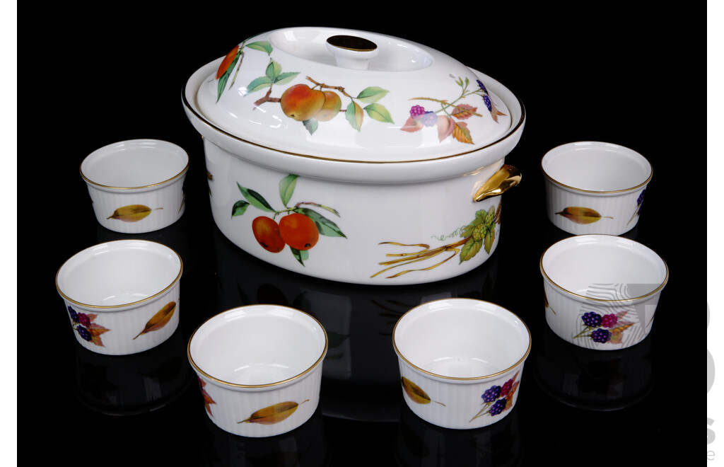 Vintage Royal Doulton Lidded Tureen and Set Six Ramekins in Evesham Pattern